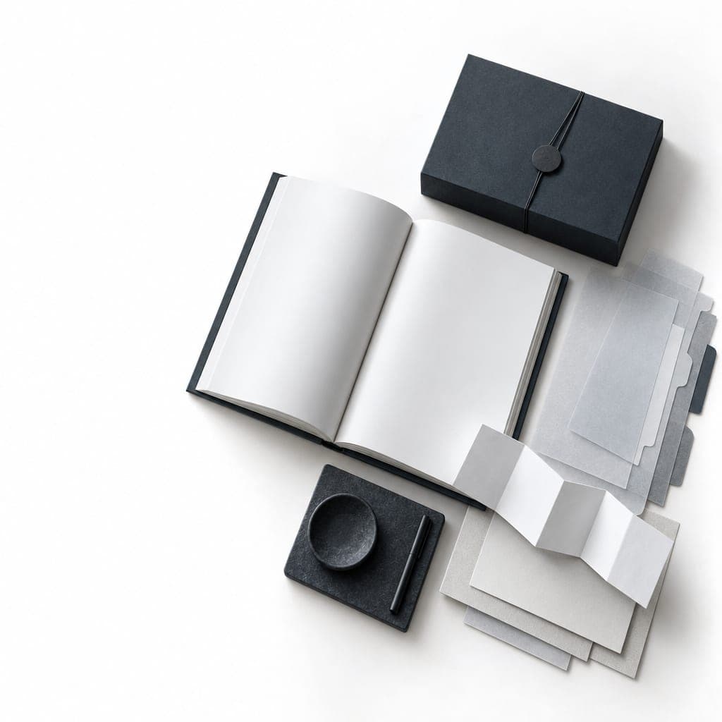 Illustration of an open blank catalogue, a slate parcel and folded paper on a white desk.