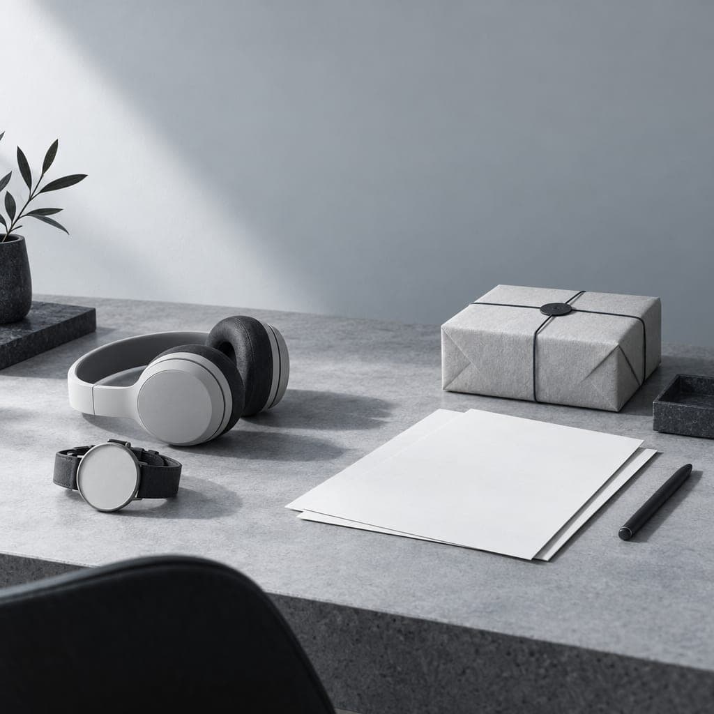 Illustration of headphones, a watch, blank sheets and a parcel on a grey desk.